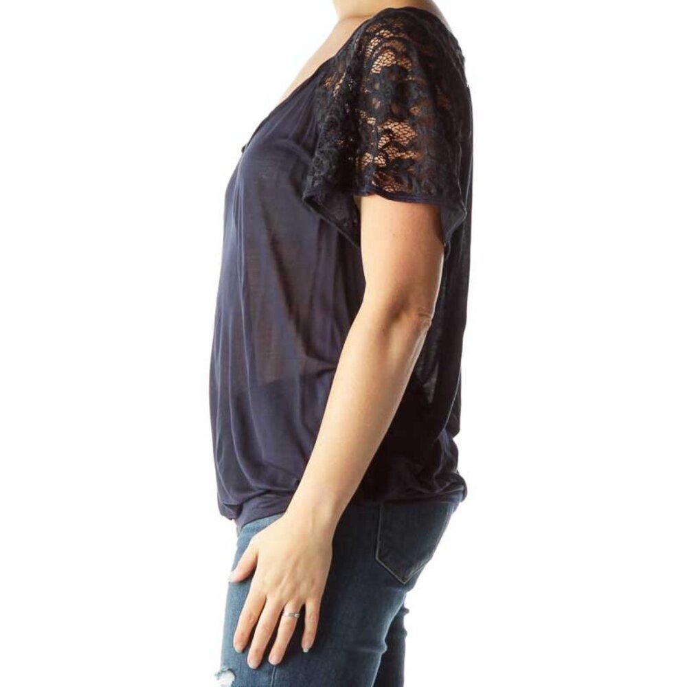 Free People Navy Lace-Sleeve Scoop Neck Top - Picture 2 of 3